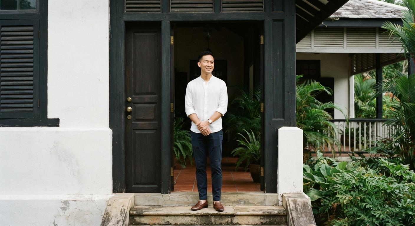 Placeholder portrait: a man in a white shirt standing in the dark timber doorway of a black-and-white house